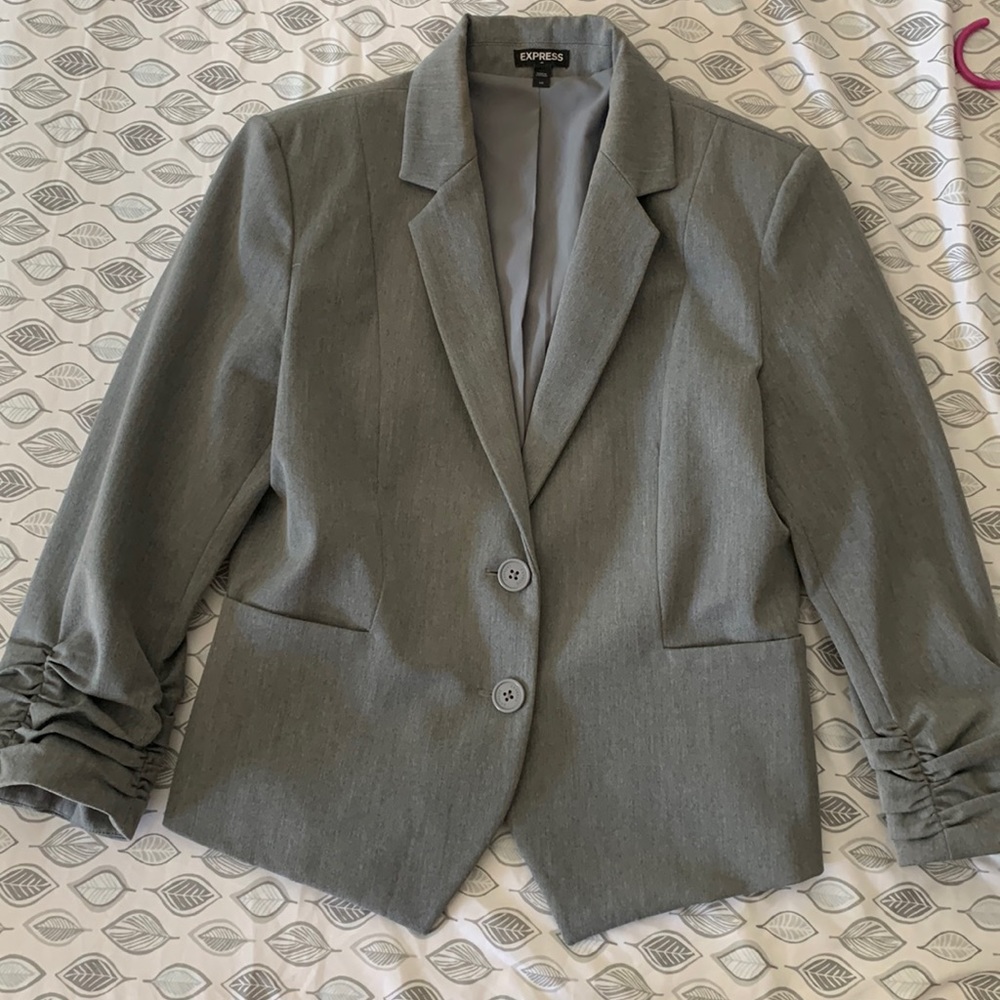 Express women gray ruched sleeve two button blazer